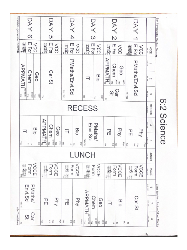 Form 6.2 Science Timetable | PDF