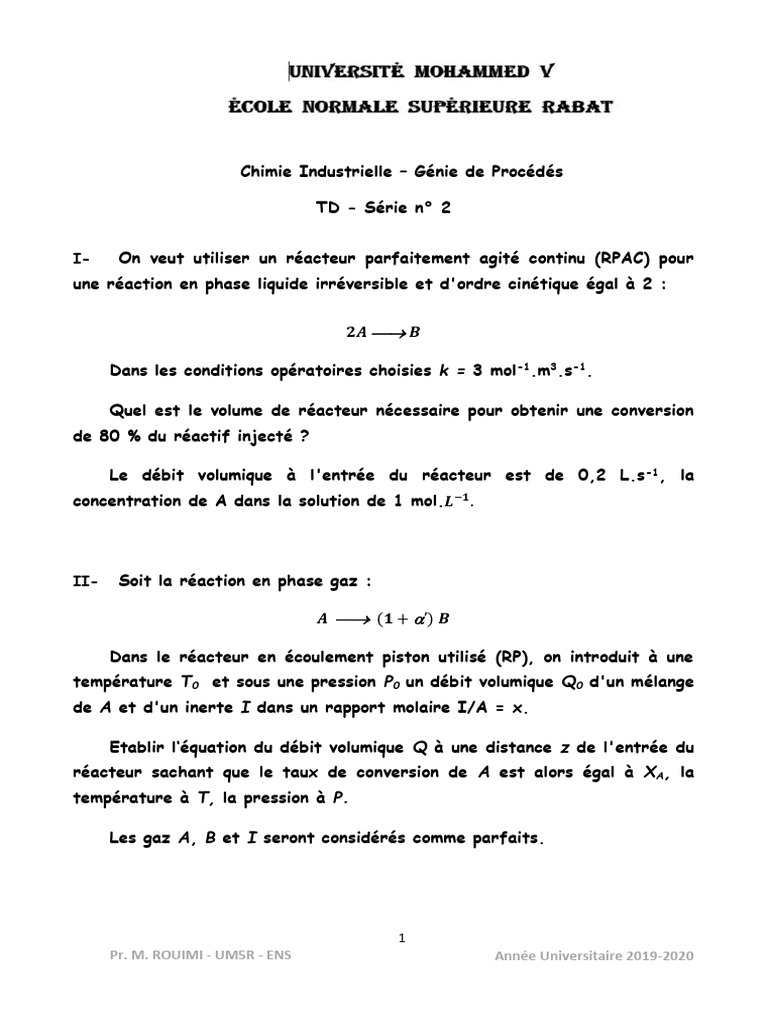 Réacteurs en Chimie Industrielle : Calculs et Équations | PDF ...