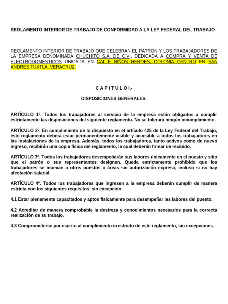 Reglamento Interior Del Trabajo | PDF | Salario | Derecho laboral