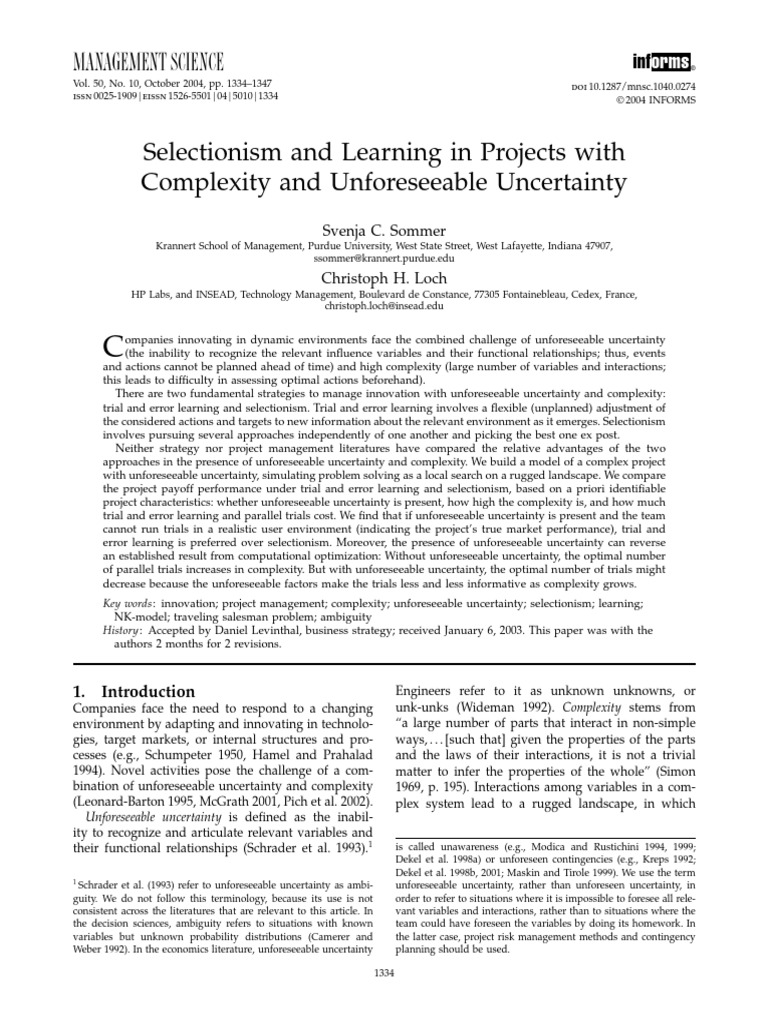SOMMER LOCH MGT SCIENCE 2004 Selectionism and Learning in Projects ...
