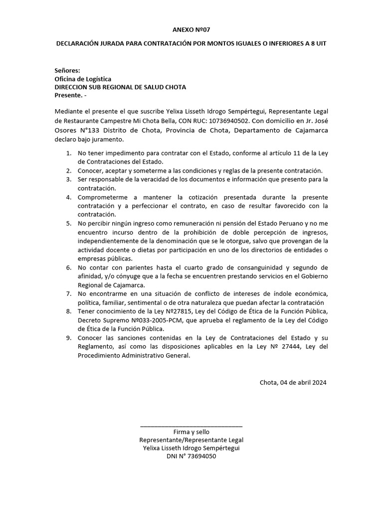 Anexo Nº07 Declaracion Jurada PDF | PDF | Gobierno