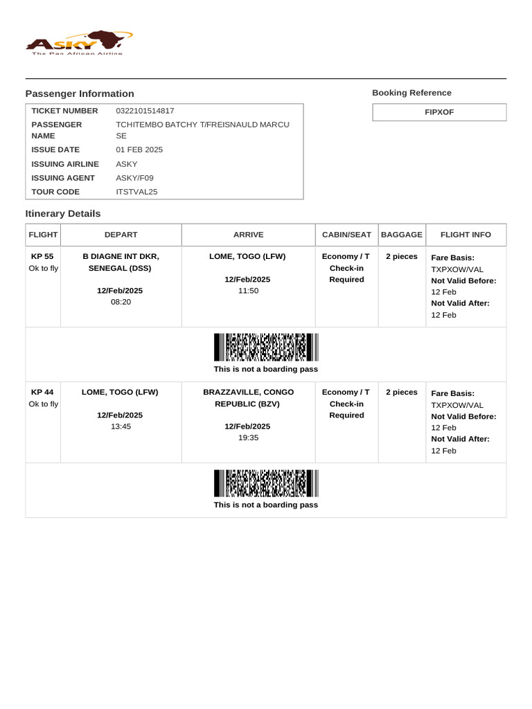 Electronic Ticket Receipt, February 12 For Freisnauld Marcuse Tchitembo ...