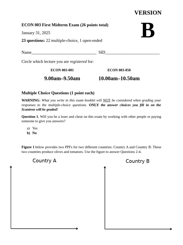 Econ 003 Winter 2025 First Midterm Exam Version B Answer Key | PDF ...