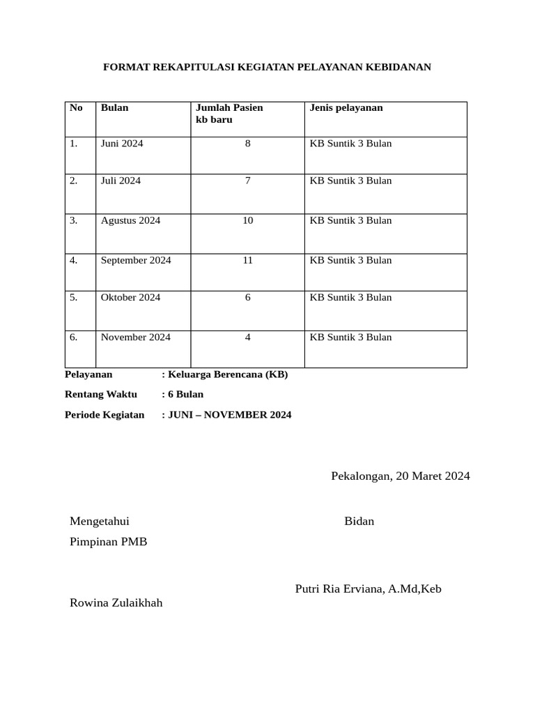 Rekap Kegiatan Pelayanan KB 2024 | PDF