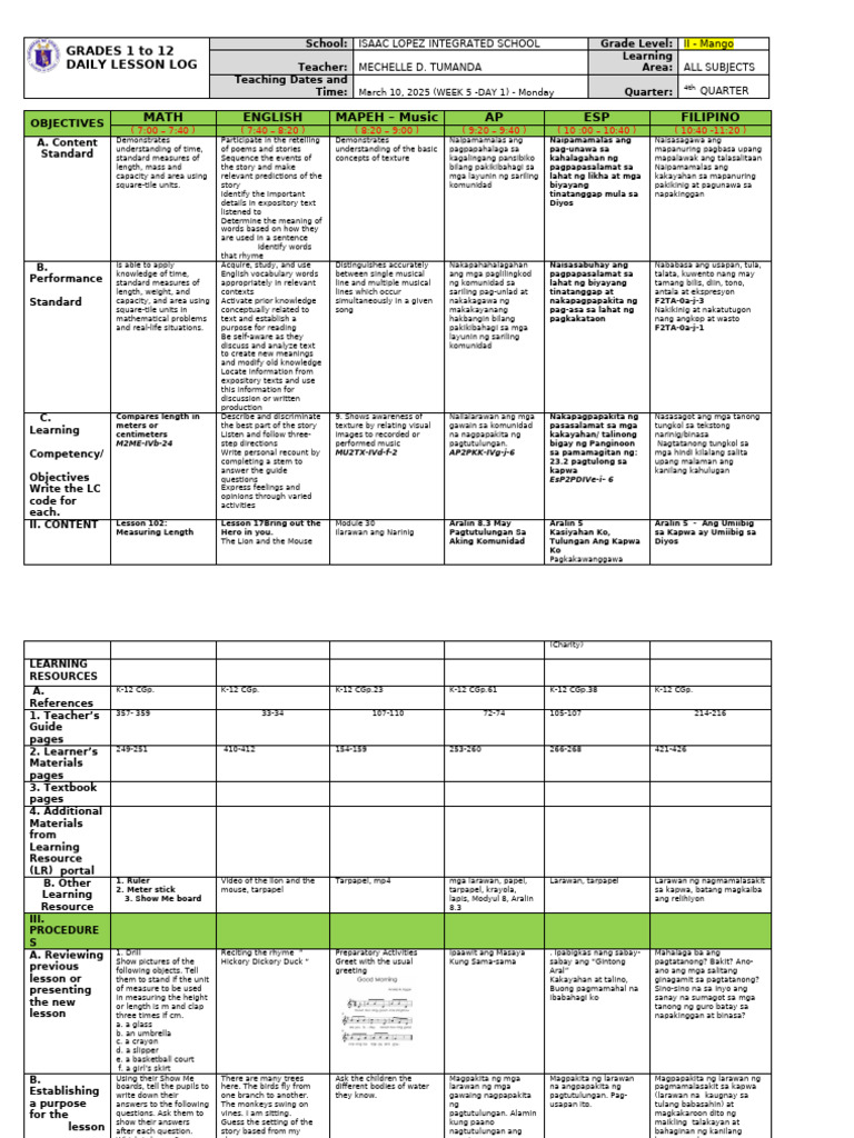 Daily Lesson Log for Grade 2 | PDF | Cognition | Learning