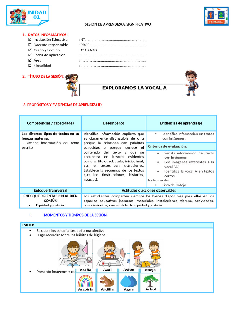 Aprendizaje de la Vocal A en 1° Grado | PDF | Aprendizaje | Información