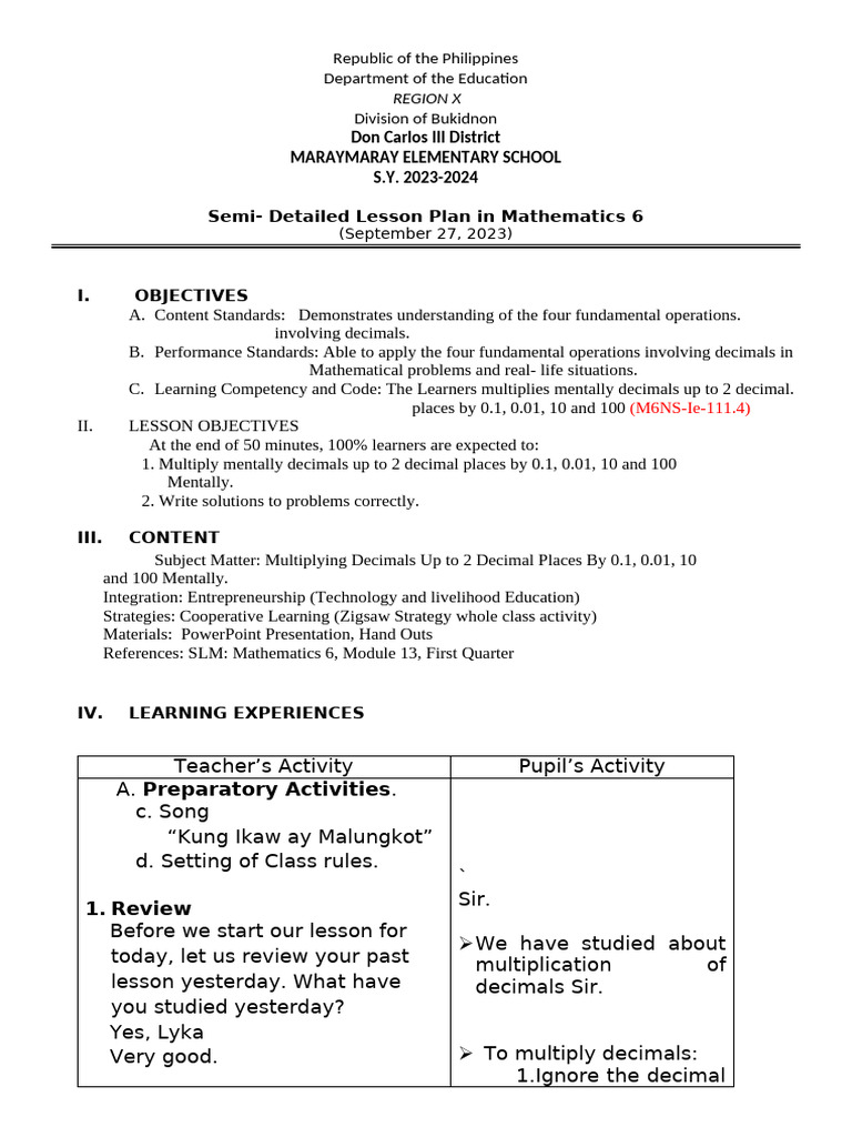 Sample Math Lesson Plan for Grade 6 | PDF | Multiplication | Lesson Plan