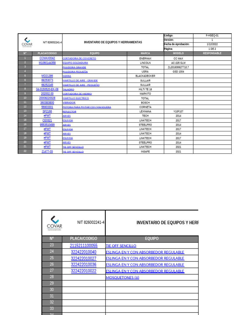 Inventario de Herramientas y Equipos | PDF