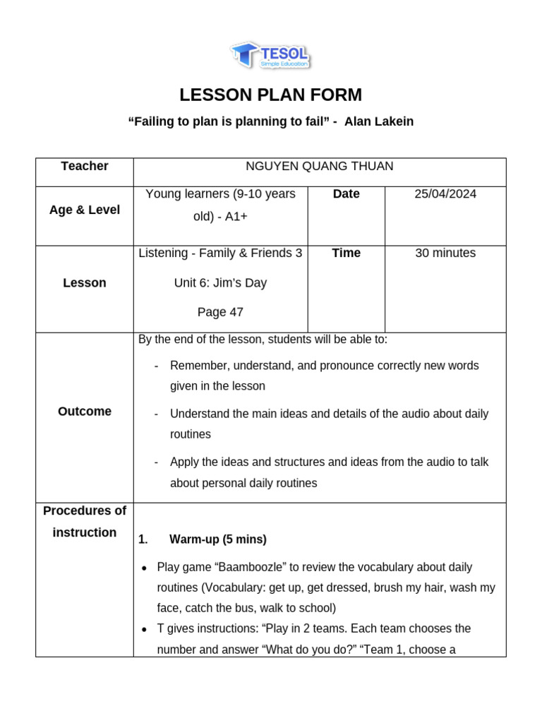 A1 Lesson Plan: Family & Friends 3 | PDF | Cognitive Science | Behavior ...