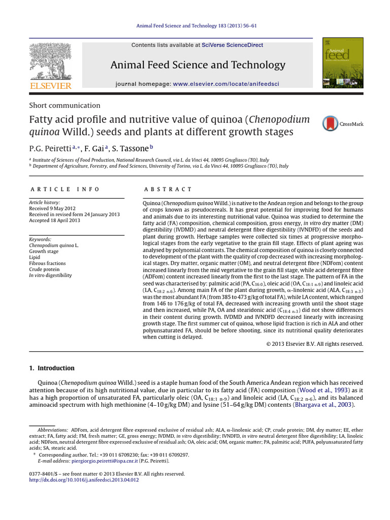 Fatty Acid Profile and Nutritive Value of Quinoa (Chenopodium Quinoa ...