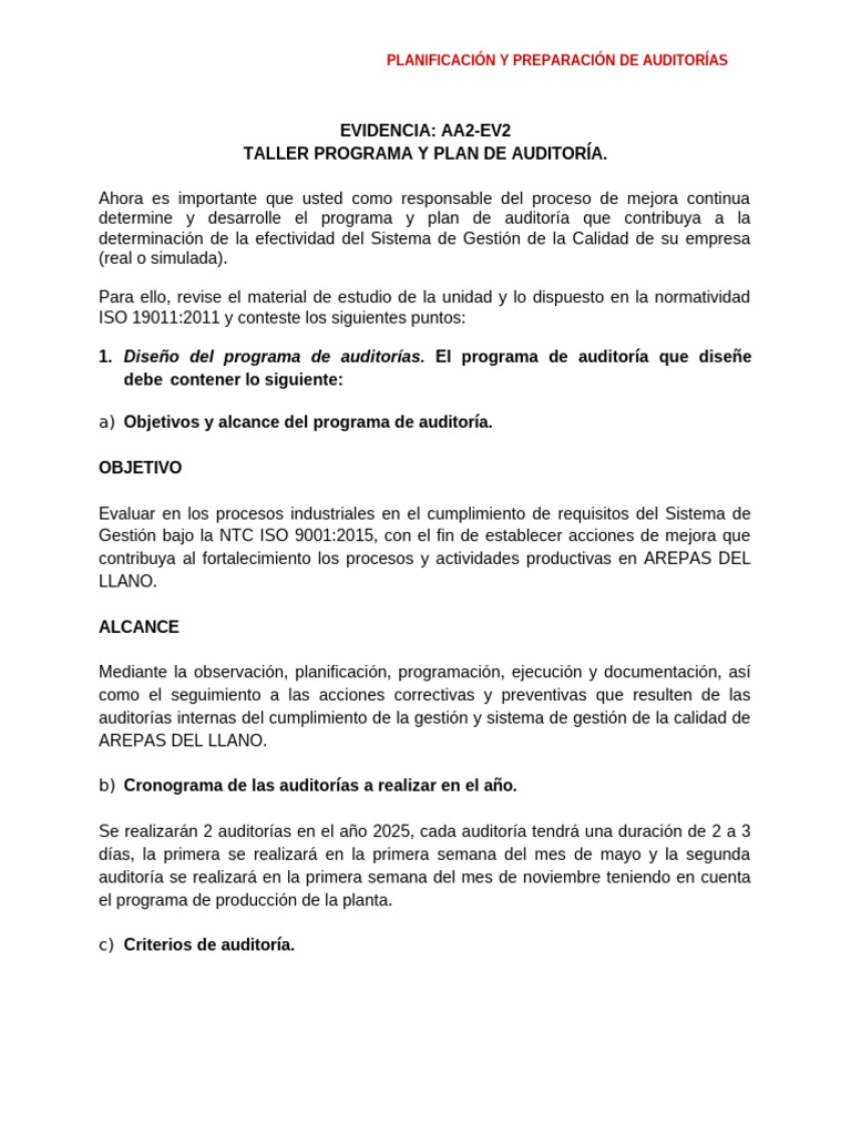 Programa y Plan de Auditoría ISO 9001 | PDF | Auditoría | Sistema de ...