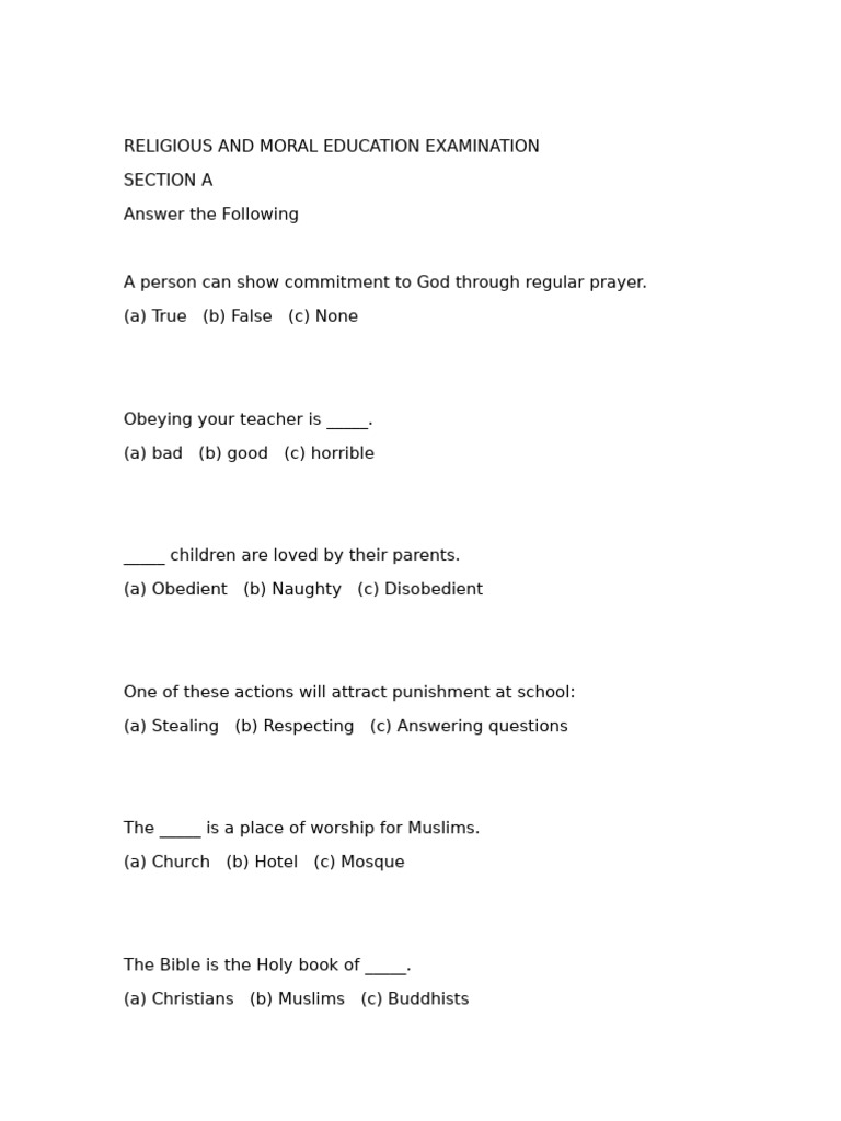 RME Exam for Primary 4 Students | PDF | Prayer | Abrahamic Religions