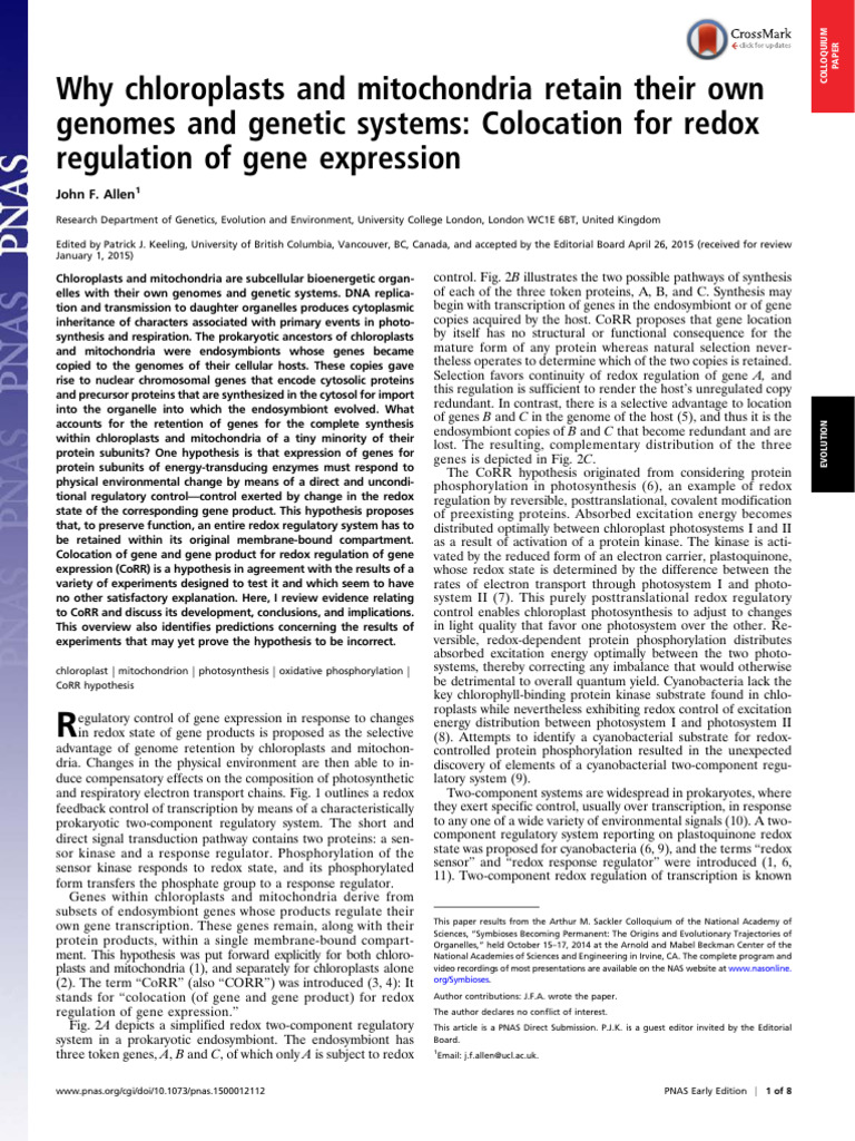 Why Chloroplasts and Mitochondria Retain Their Own Genomes21 | PDF ...