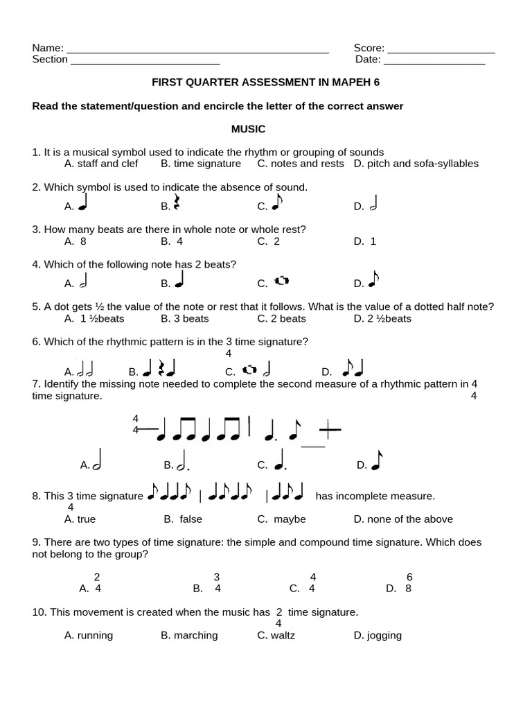 1st Quarter Assessment In Mapeh 6 With Key Answer Pdf Logos Rhythm
