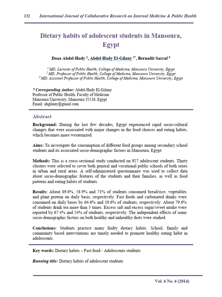 Dietary Habits of Adolescent Students in | PDF | Diet (Nutrition ...