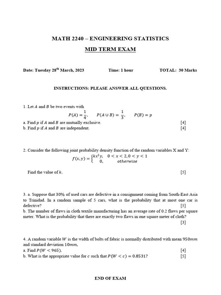 Math 2240 - Midterm and Solutions (Mech) | PDF | Probability Theory ...