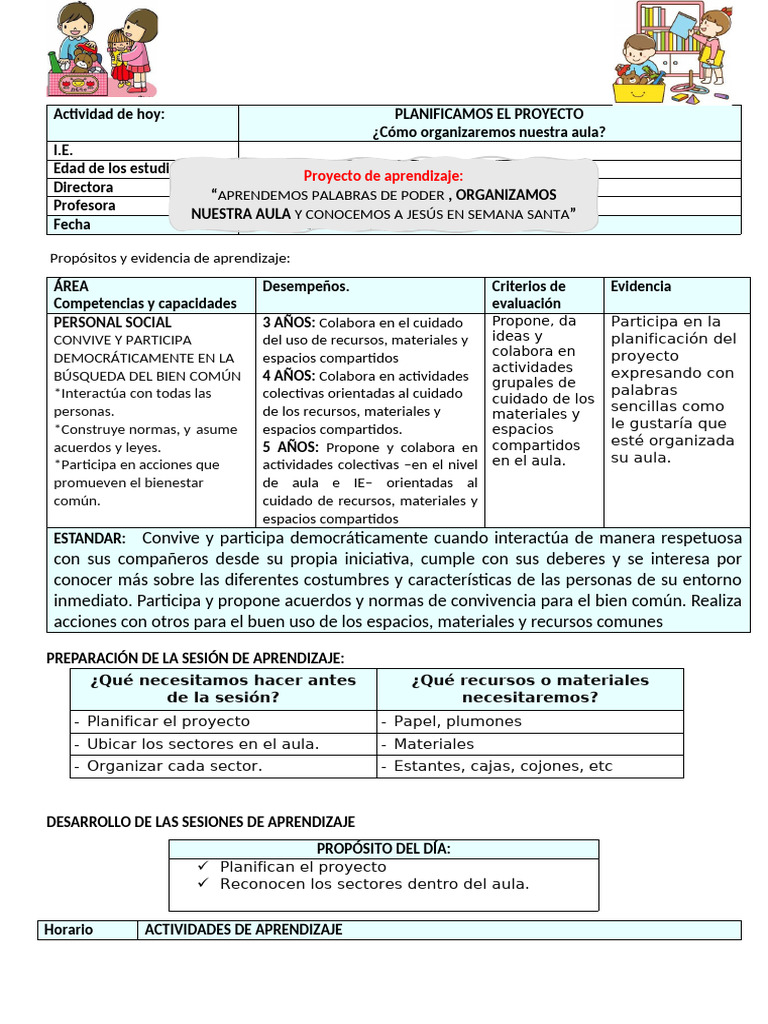 Planificación de Aula para Niños 3-5 Años | PDF | Salón de clases ...