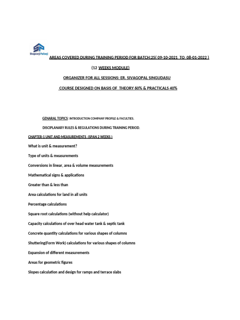 Areas Covered During Training Period For Batch | PDF | Concrete | Masonry