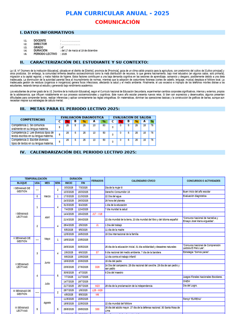 Plan Curricular Anual 2025 - 4° Grado | PDF | Inclusión (Educación ...