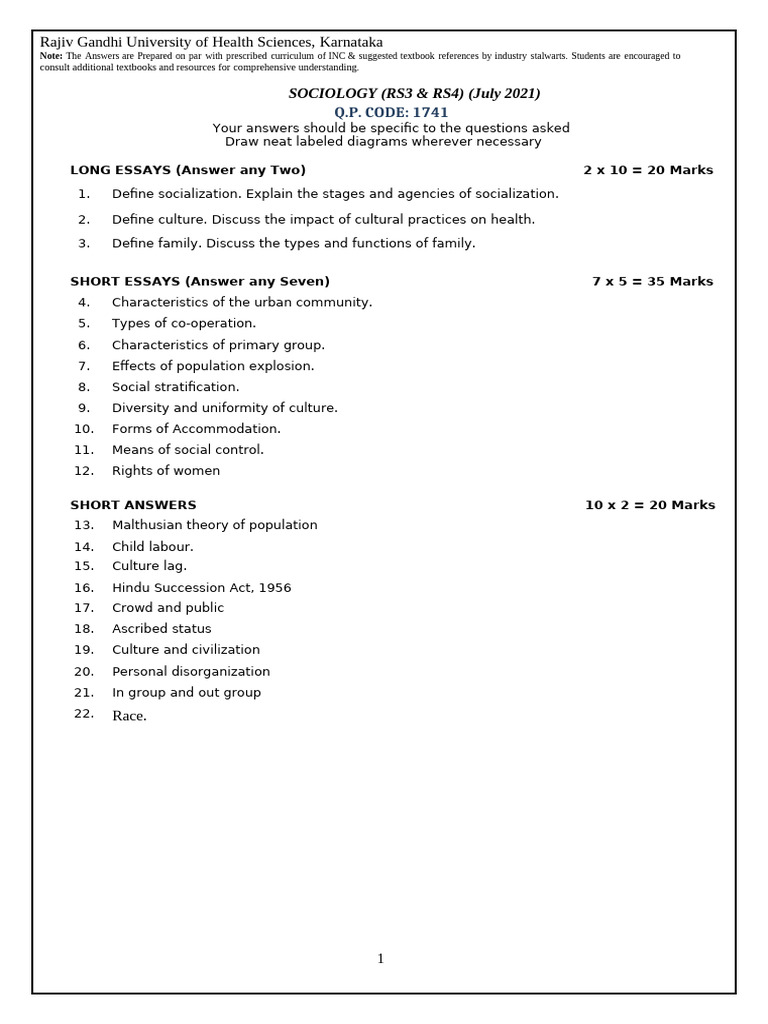 Sociology Exam Guide for Health Sciences | PDF | Cost Of Living ...