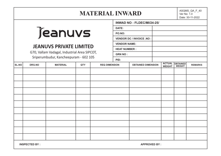 Material Inward Inspection Report | PDF