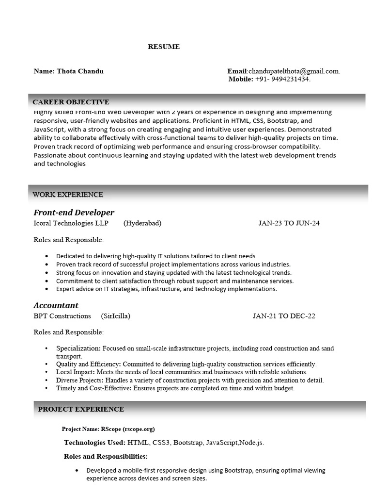 Thota Chandu: Front-End Developer Resume | PDF | Bootstrap (Front End ...