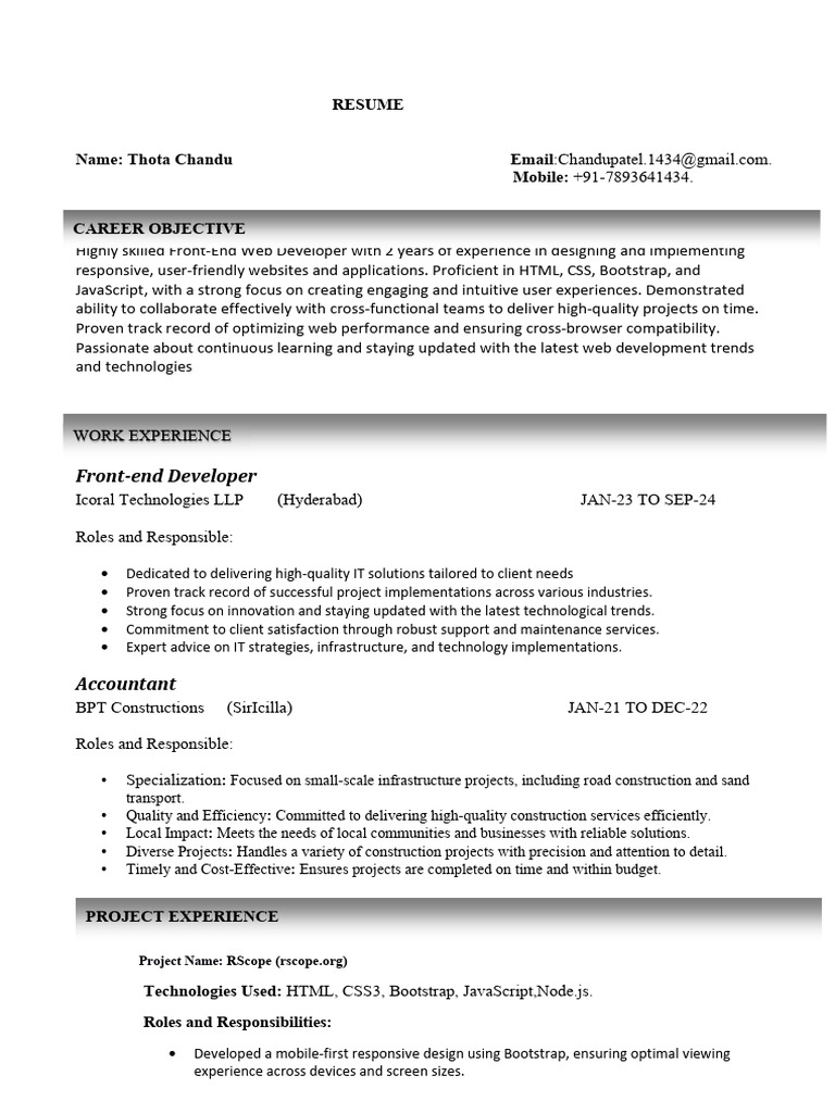 Front-End Developer Resume: Thota Chandu | PDF | Bootstrap (Front End ...