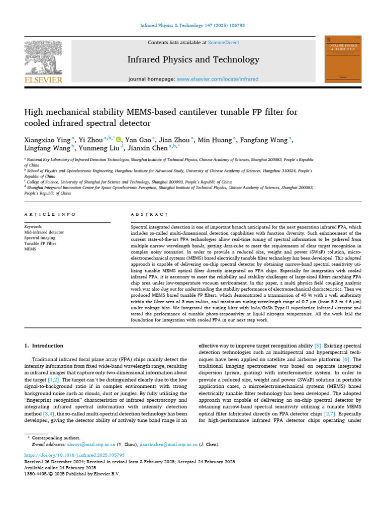 MEMS Tunable FP Filter for Infrared Detection | PDF | Optical Filter ...