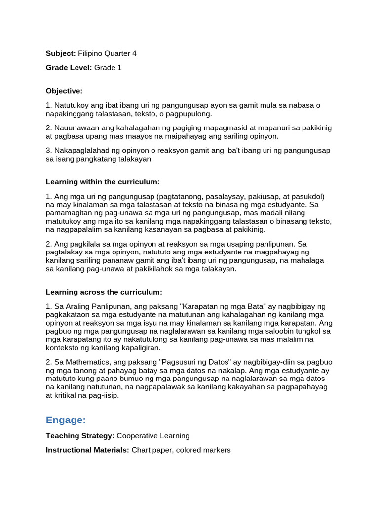 Grade 1 Filipino: Sentence Types & Opinions | PDF | Educational ...