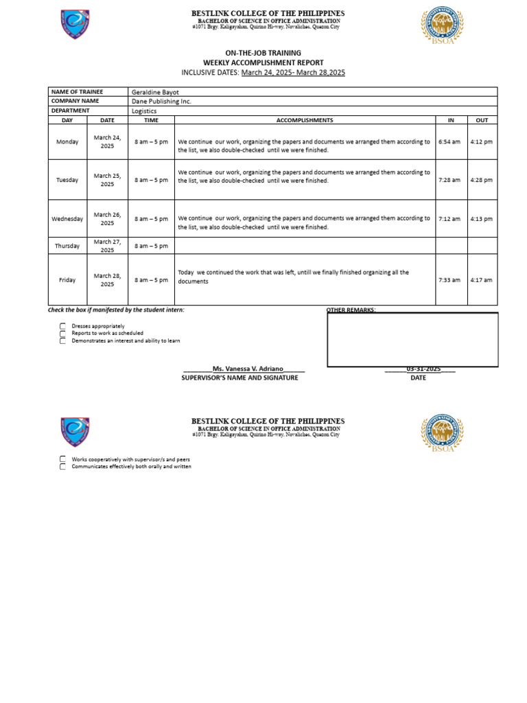 Weekly OJT Report for Office Admin | PDF