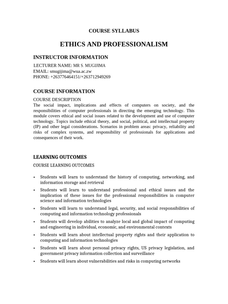 Ethics and Professionalism Syllabus | PDF | Information | Privacy