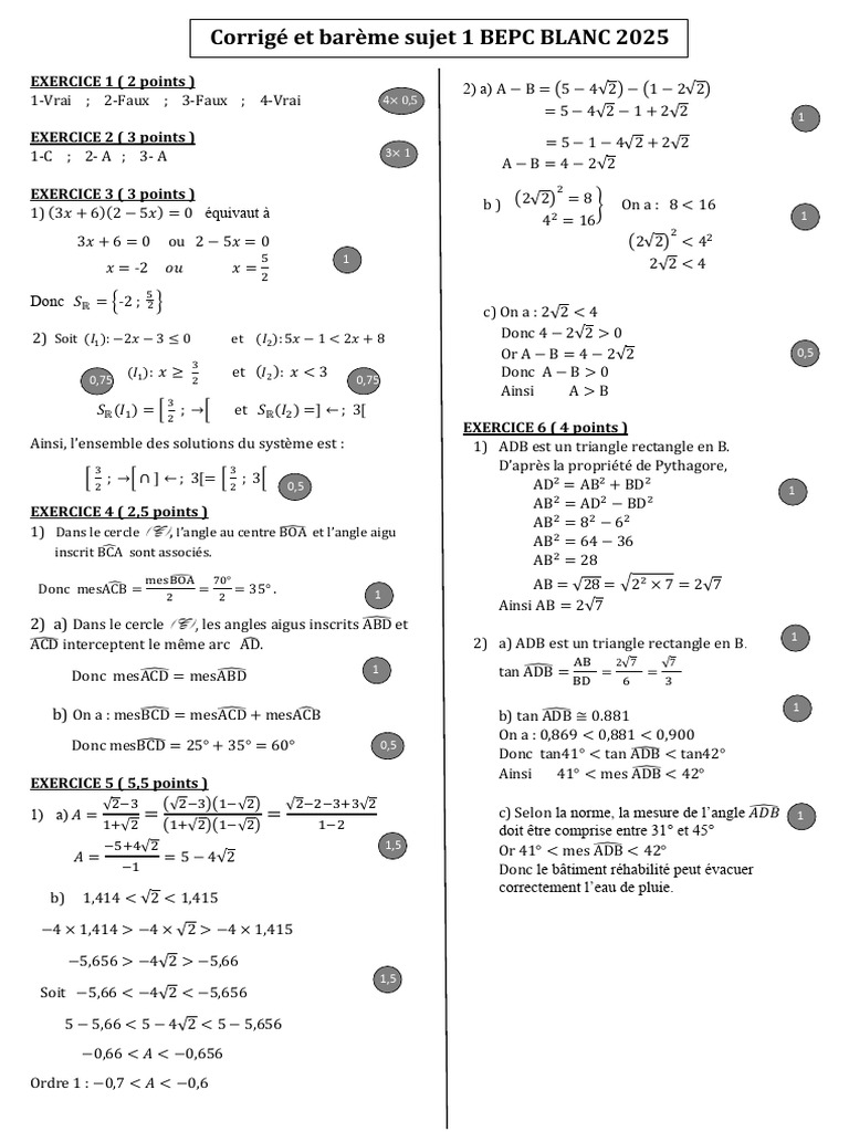 Corrigé BEPC Maths Sujet 1 2025 | PDF | Géométrie euclidienne ...