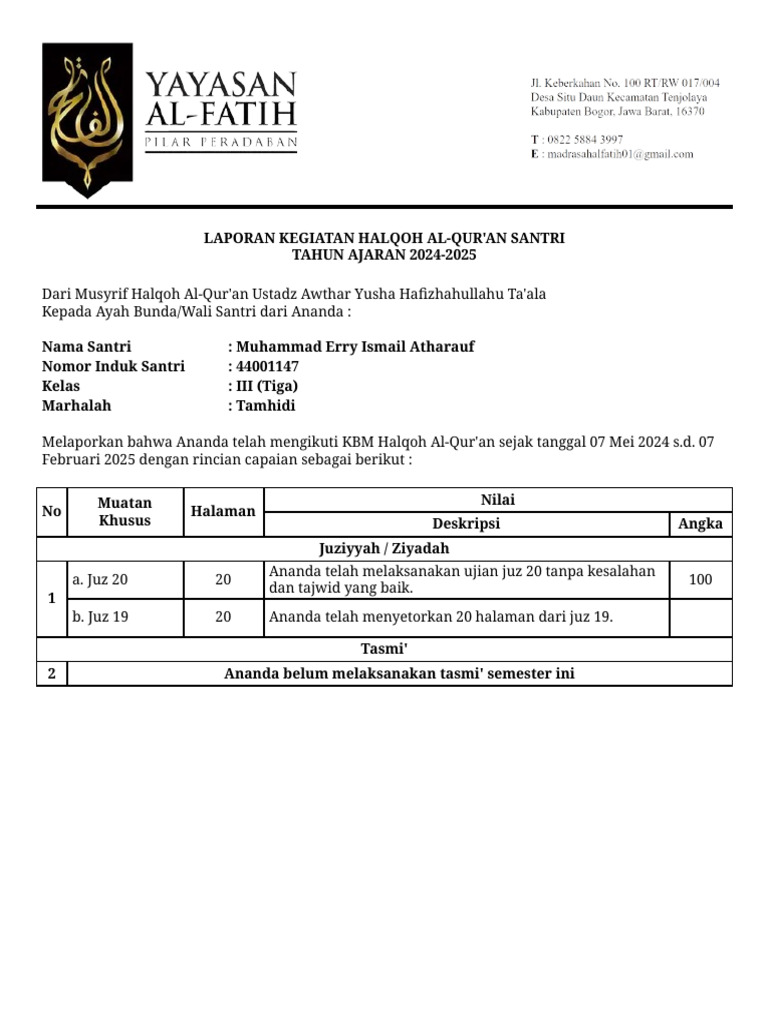 Laporan Kegiatan Halqoh Al-Qur'an 2024-2025 | PDF