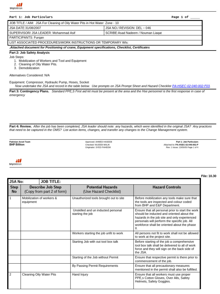JSA for Cleaning Oily Water Pits | PDF | Personal Protective Equipment ...