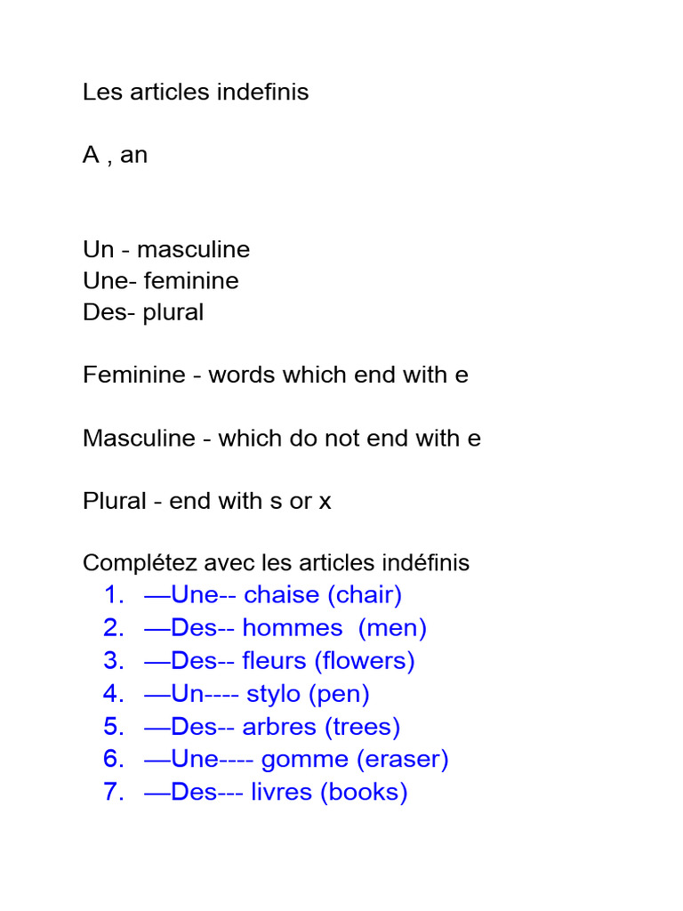 Articles indéfinis en français | PDF
