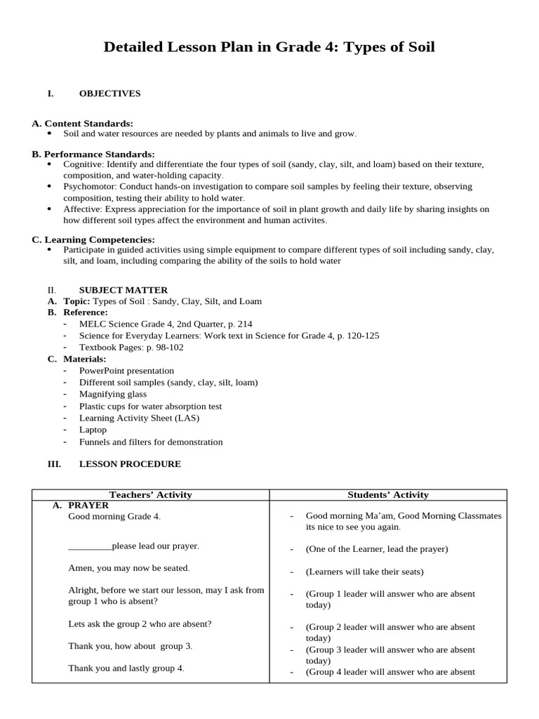 Grade 4 Lesson Plan: Soil Types | PDF | Loam | Clay