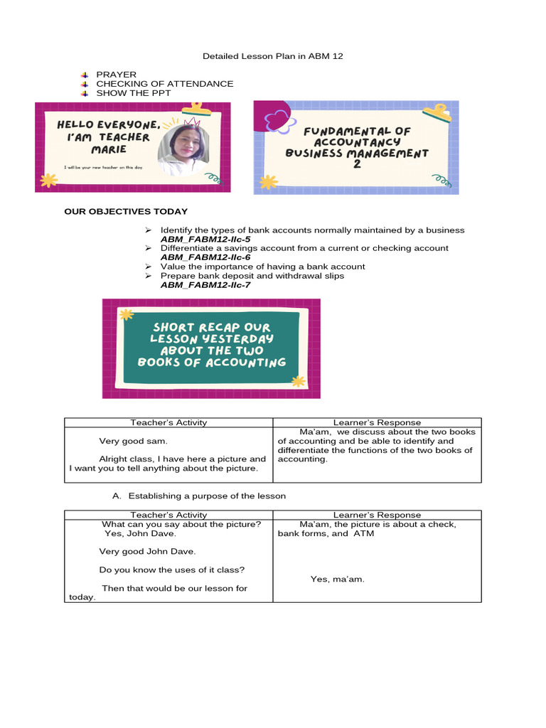 Lesson Plan: Understanding Bank Accounts | PDF | Cheque | Transaction ...