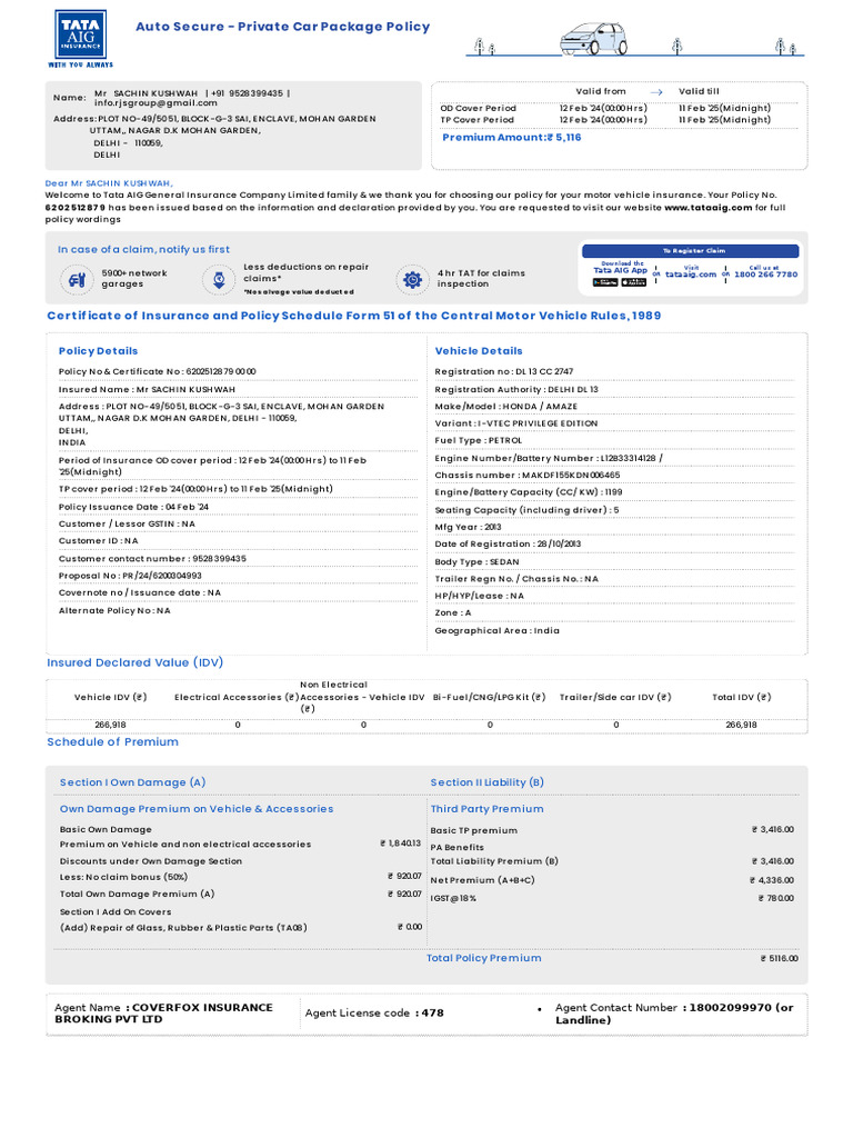 Tata AIG Motor Policy Schedule - 3184 - 6202512879-00 | PDF
