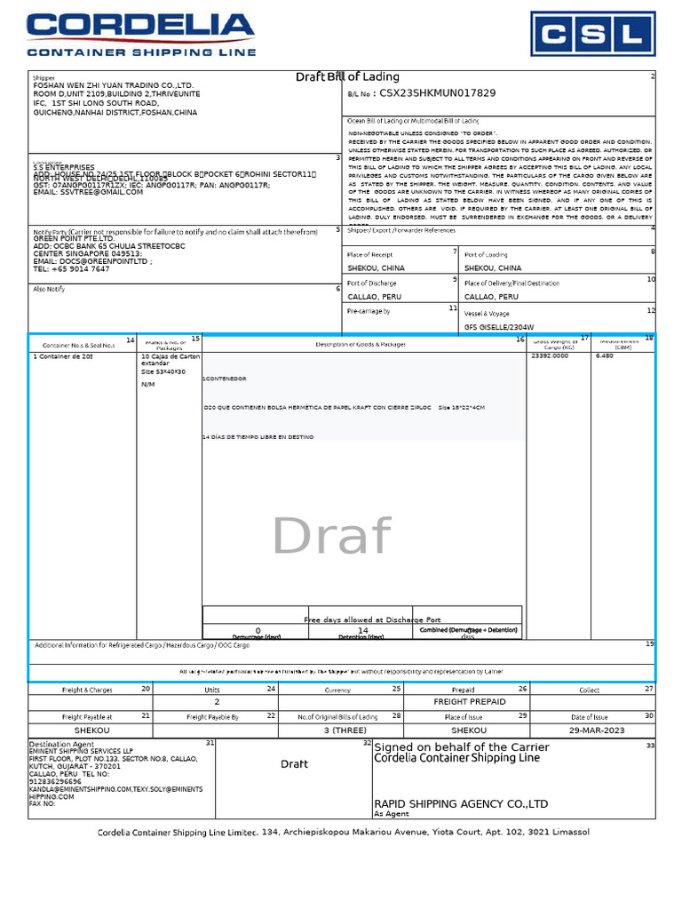 Bill of Lading for International Shipping | PDF | Bill Of Lading | Cargo