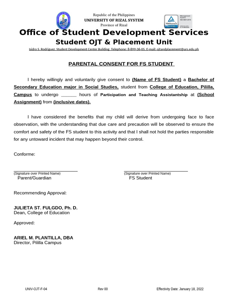 Parental Consent for FS Student OJT | PDF