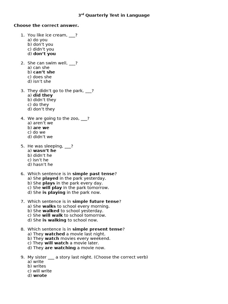 Language Test: Tenses & Questions | PDF