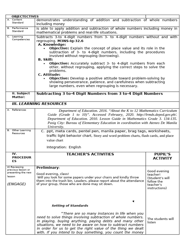 Grade 3 Subtraction Lesson Plan | PDF | Subtraction | Learning
