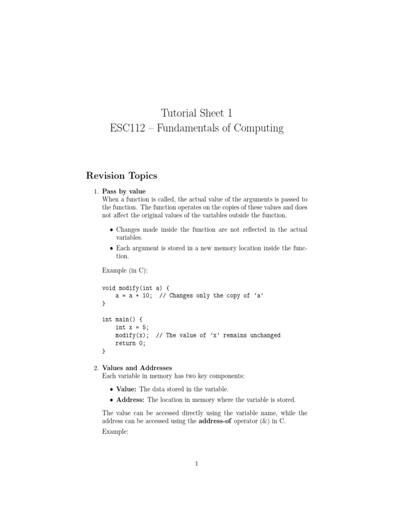 Week1 Tutorial Sheet ESC112 | PDF | Pointer (Computer Programming ...