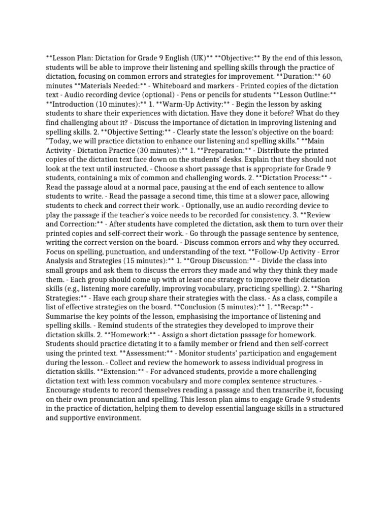 Grade 9 English Dictation Lesson Plan | PDF | Learning | Human ...