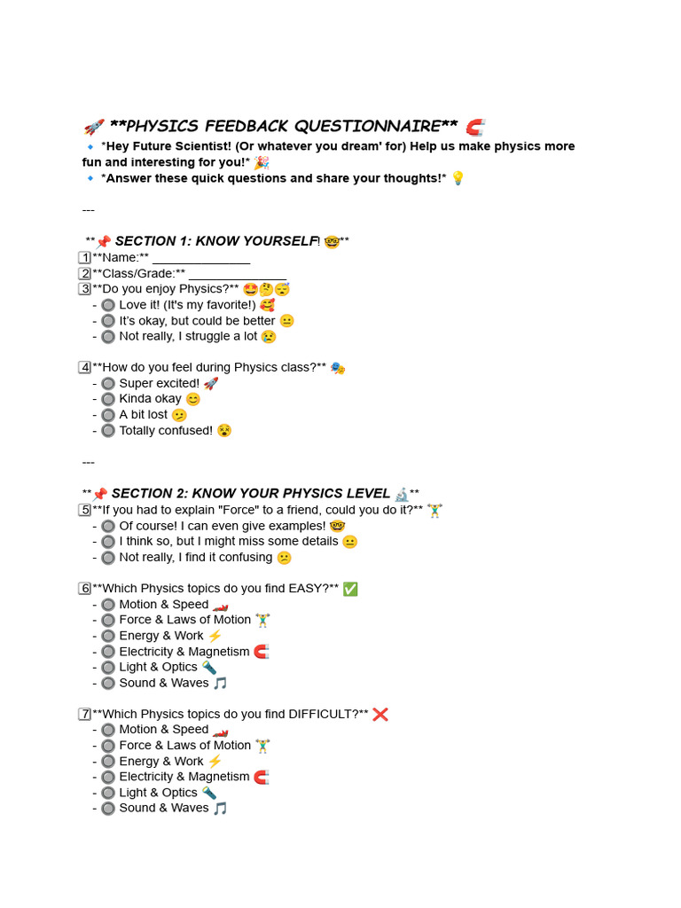 Physics Feedback Questionnaire for Students | PDF | Physics | Thought