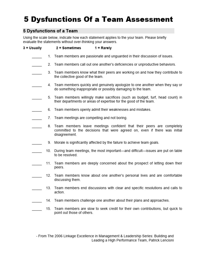 Team Assessment: 5 Dysfunctions Overview | PDF | Social Psychology ...