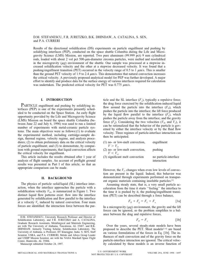 Particle Engulfment and Pushing by Solidifying Interfaces: Part II ...