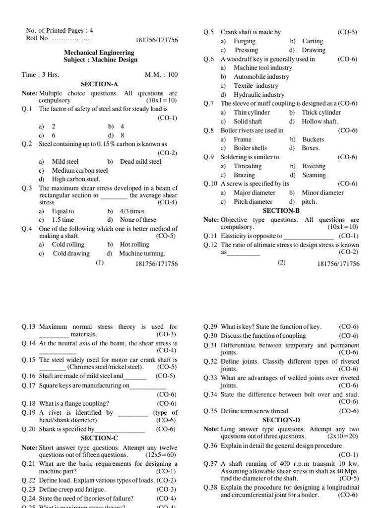Mech 5 Sem Machine Design 181756 2022 | PDF | Screw | Stress (Mechanics)