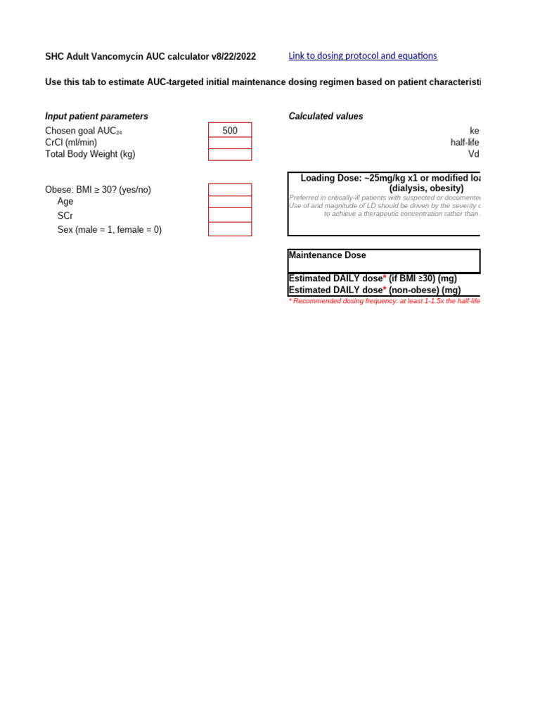 Vancomycin AUC Dosing Calculator Guide | PDF | Dose (Biochemistry ...