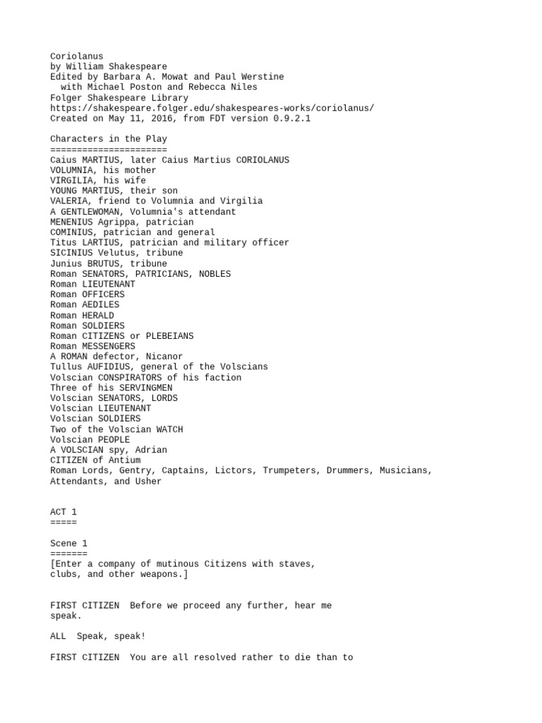 Coriolanus TXT FolgerShakespeare | PDF